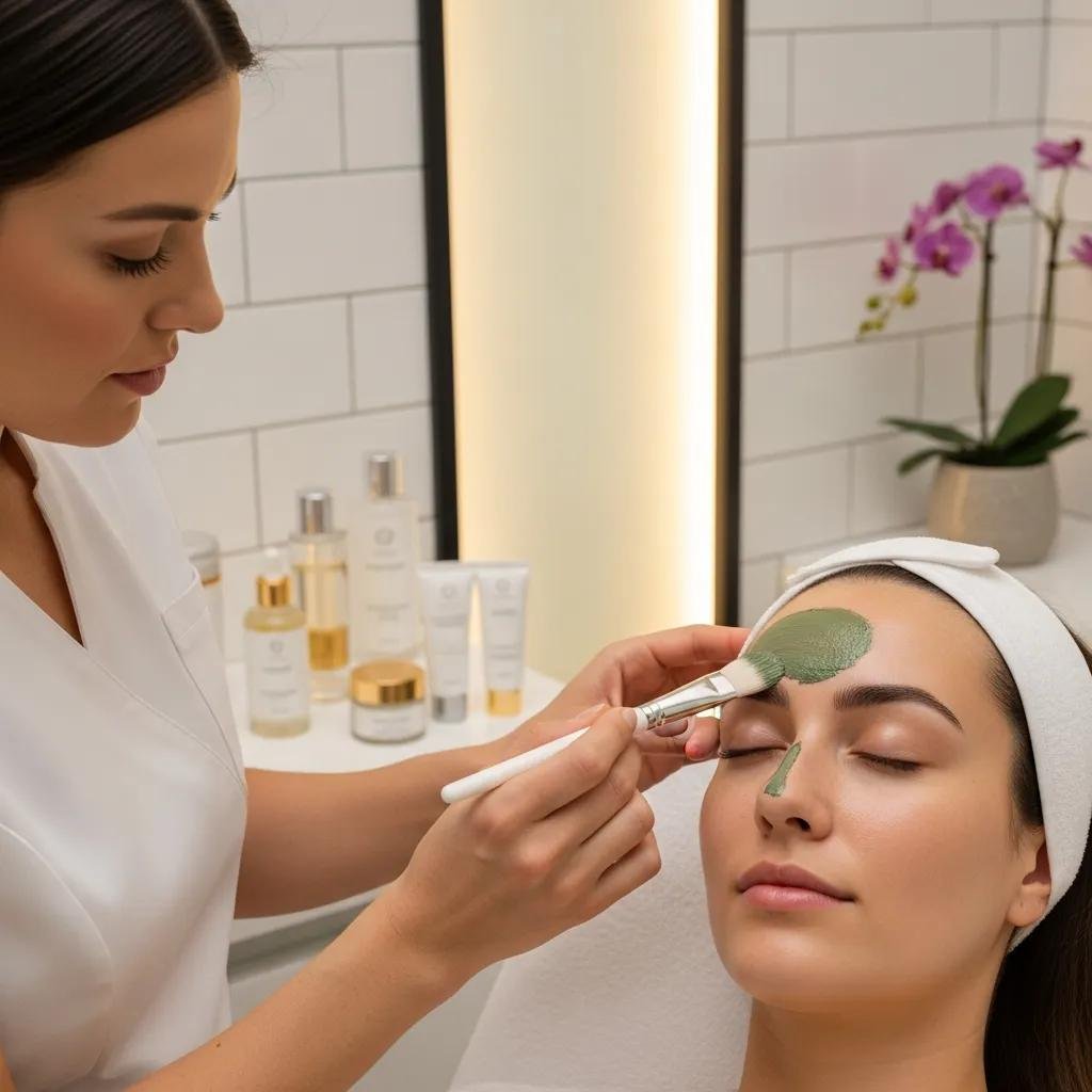 Client receiving a customized facial treatment in a medspa, showcasing personalized skincare products