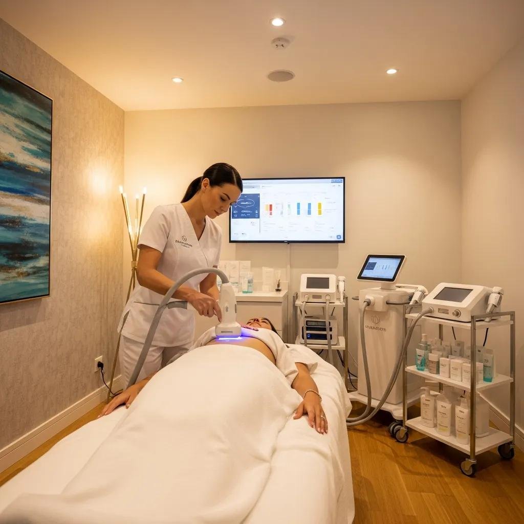 Client undergoing a body contouring treatment in a medspa, highlighting advanced technology and personalized care