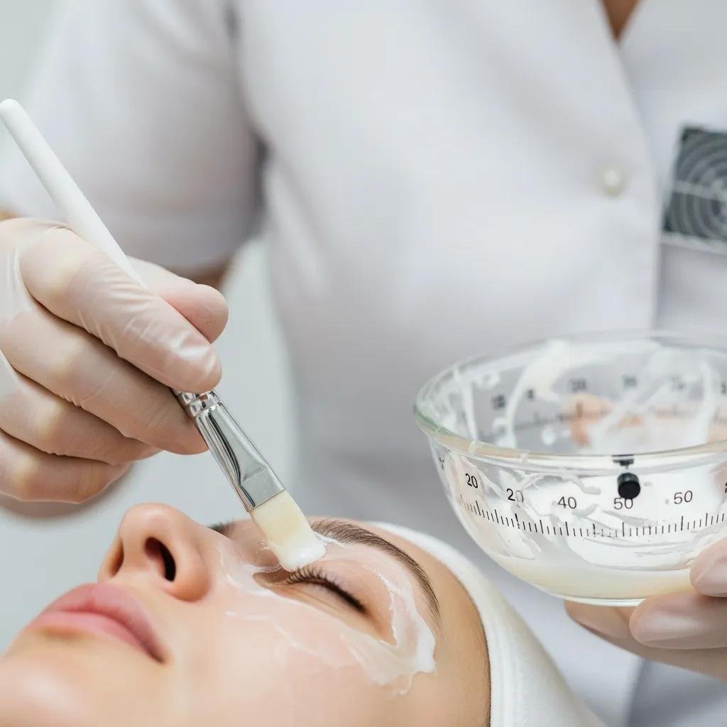 Clinician applying a chemical peel treatment to a patient's face in a clinical setting, highlighting dermatological care for melasma and hyperpigmentation.