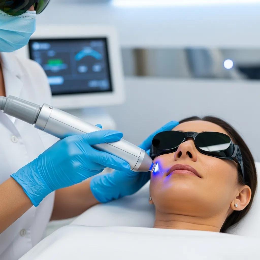 Clinician performing laser treatment for melasma on a patient in a high-tech medical environment, showcasing advanced dermatological care at Shore MedSpa.