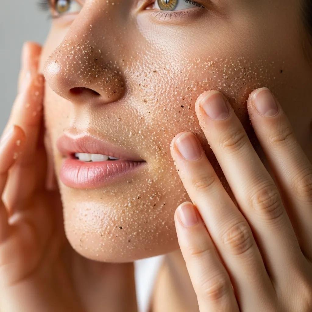 Close-up of a person exfoliating their face with a natural scrub, highlighting glowing skin