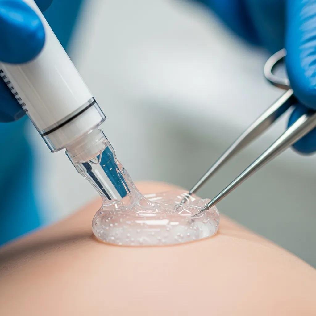 Close-up of hyaluronic acid gel in a clinical setting, illustrating its application for facial rejuvenation