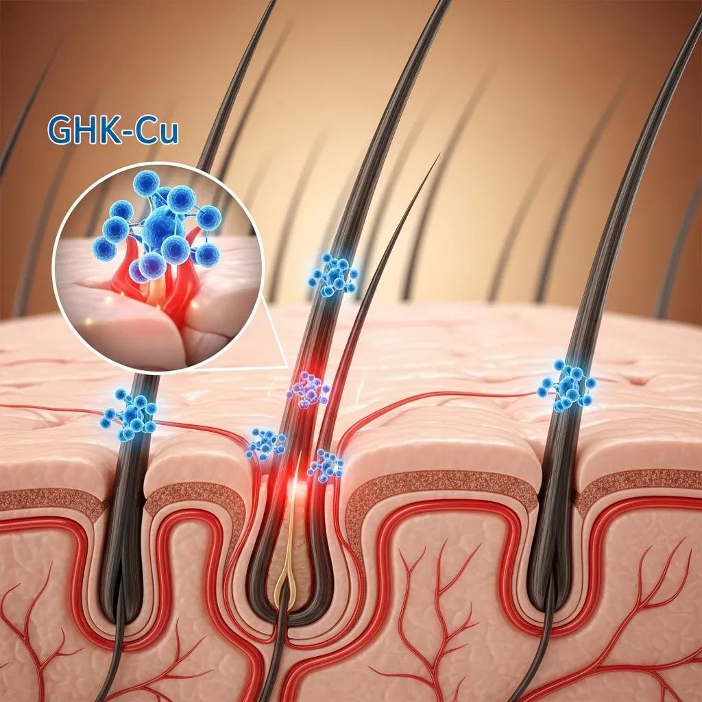 Close-up of scalp and hair follicles showing the effects of GHK-Cu peptide on hair growth