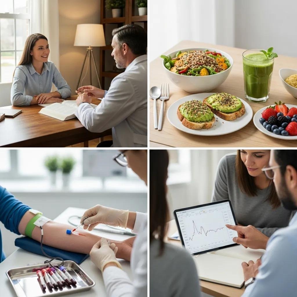Functional medicine consultation featuring a healthcare provider discussing personalized care with a patient, healthy meals including salads and avocado toast, blood sample collection for diagnostics, and a patient reviewing health data on a tablet, emphasizing holistic wellness and chronic condition management.
