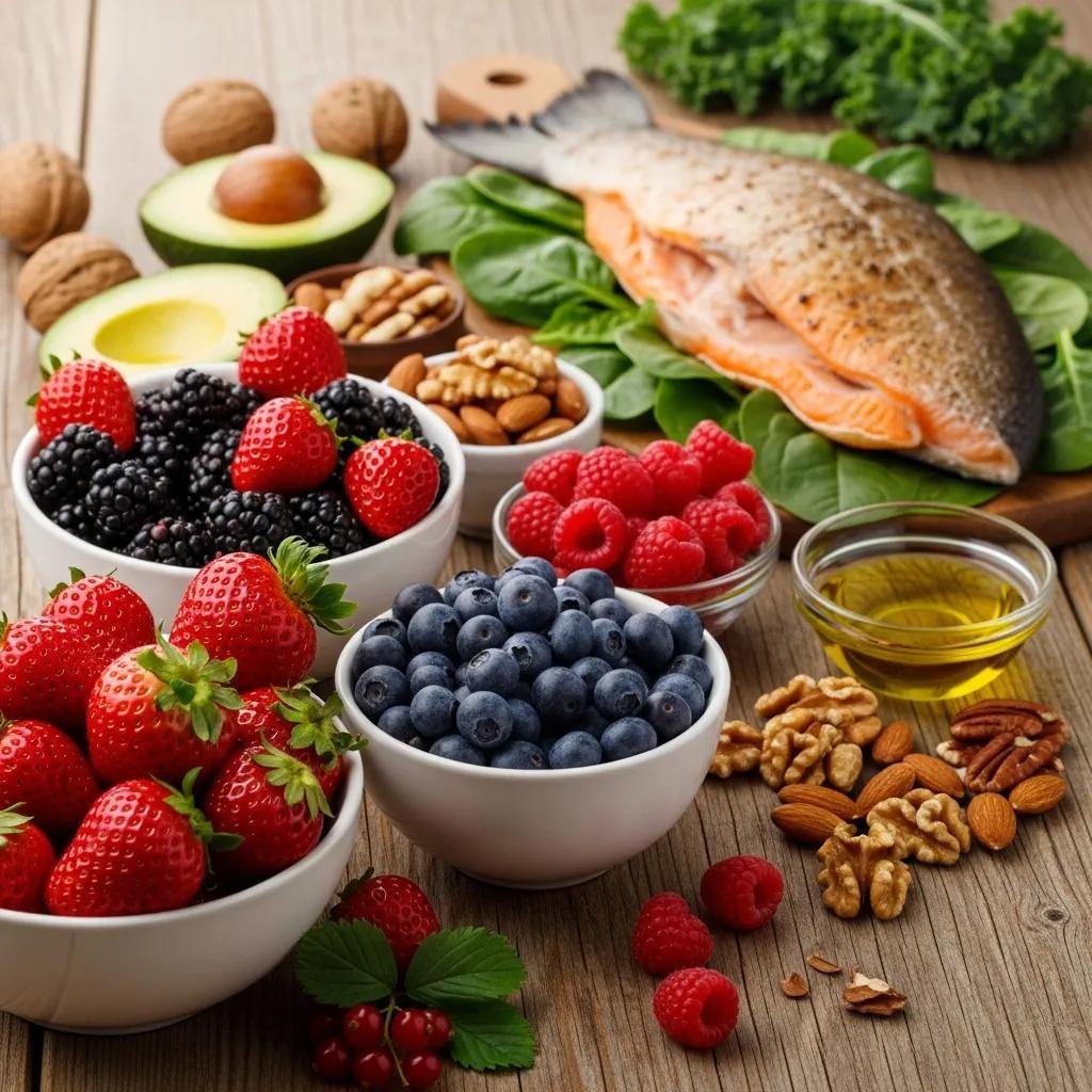Colorful display of antioxidant-rich foods including strawberries, blueberries, blackberries, raspberries, nuts, avocado, spinach, and fatty salmon, emphasizing nutritional support for skin health and anti-aging.