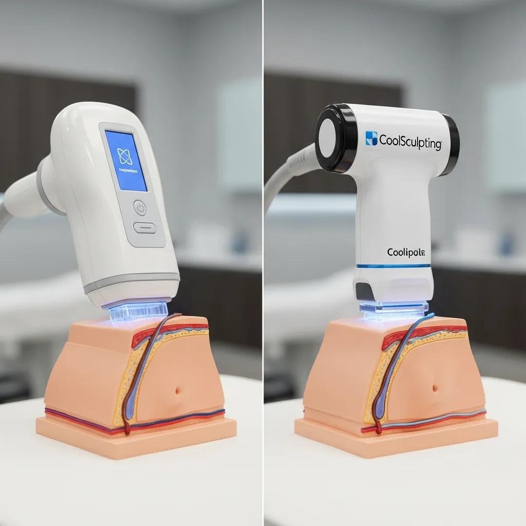 Comparison of cryolipolysis and CoolSculpting devices in a clinical setting, showcasing advanced fat freezing technology