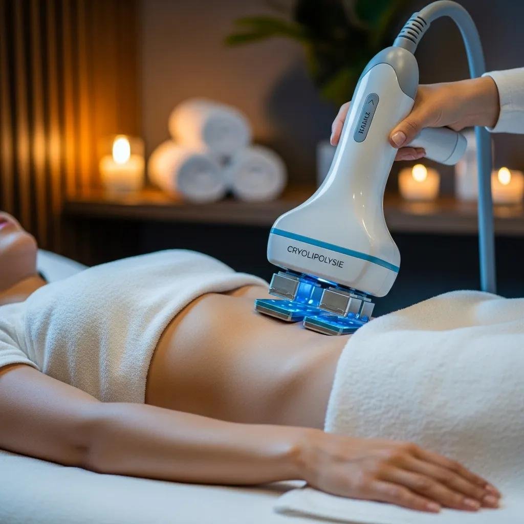 Cryolipolysis treatment in a serene spa environment, highlighting non-invasive fat freezing technology