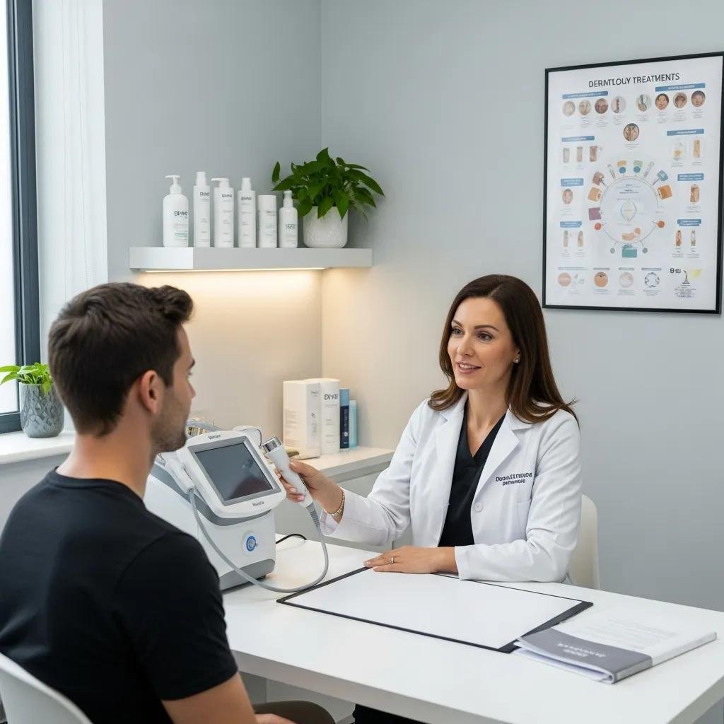 Dermatologist consulting with a patient about treatments for reversing blue light-induced skin damage