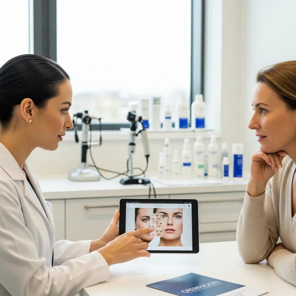 Dermatologist discussing safe aesthetic treatment options with a psoriasis patient in a modern clinic