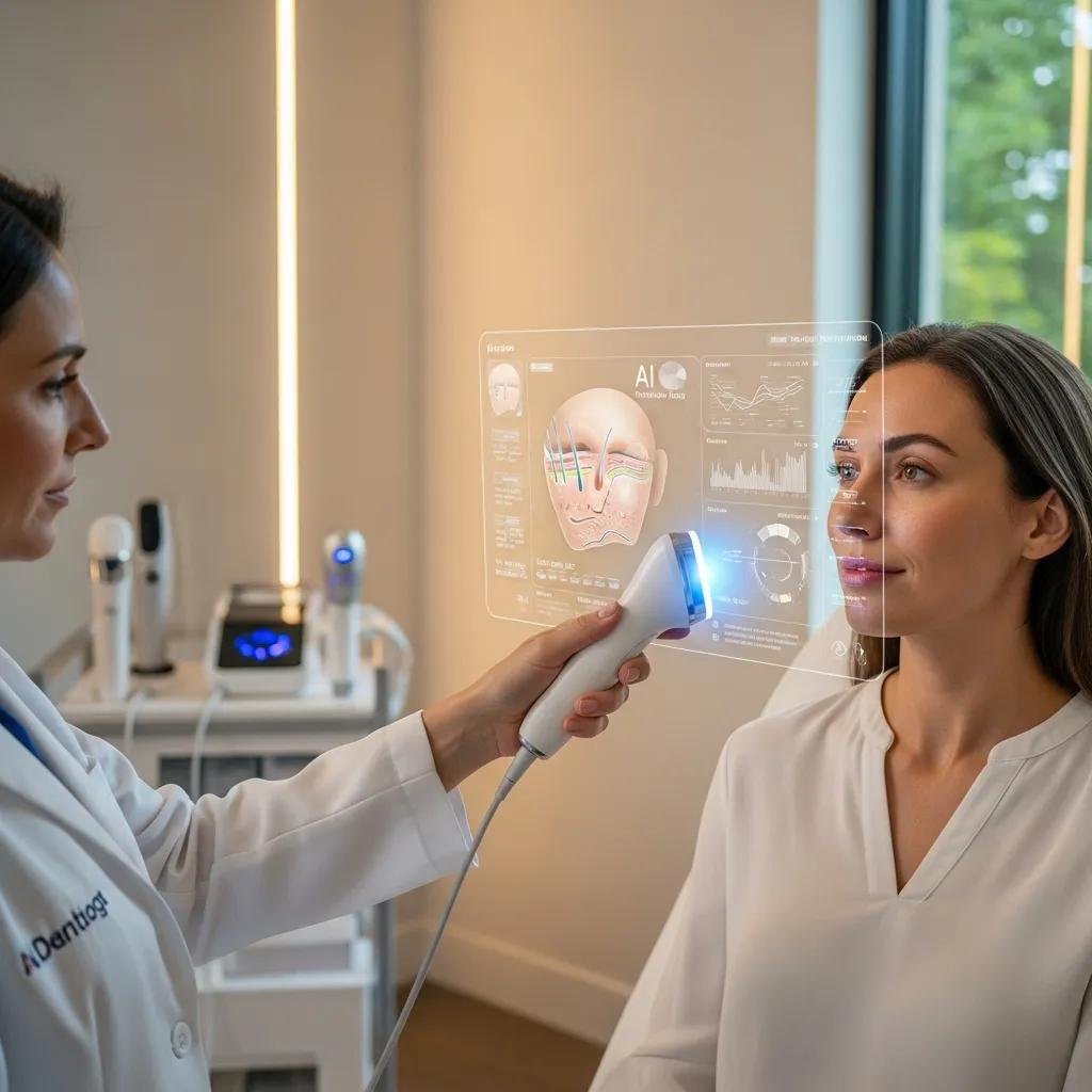 Dermatologist using AI technology for skin analysis in a modern med spa