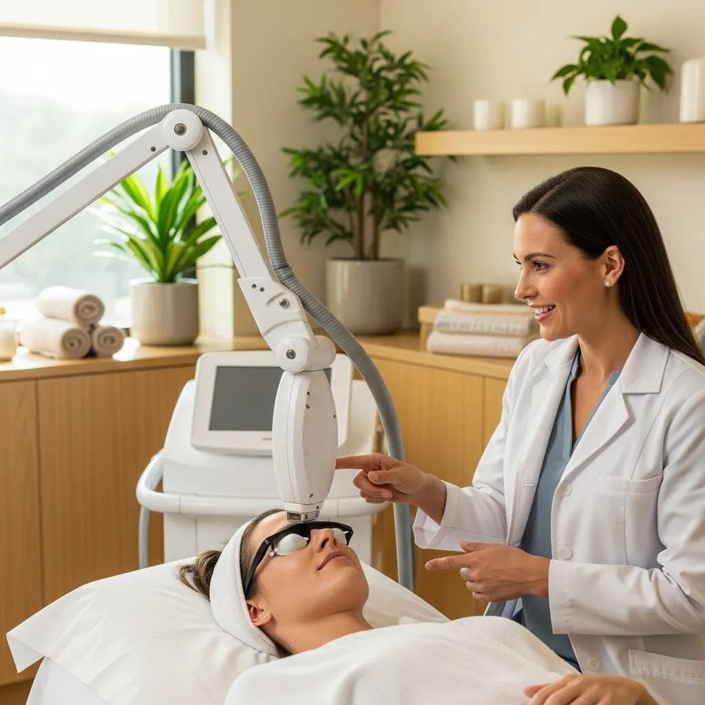 Dermatologist performing fractional laser skin resurfacing treatment on a patient in a serene spa environment, highlighting the advanced technology and personalized care at Shore MedSpa & Bio Aesthetics.