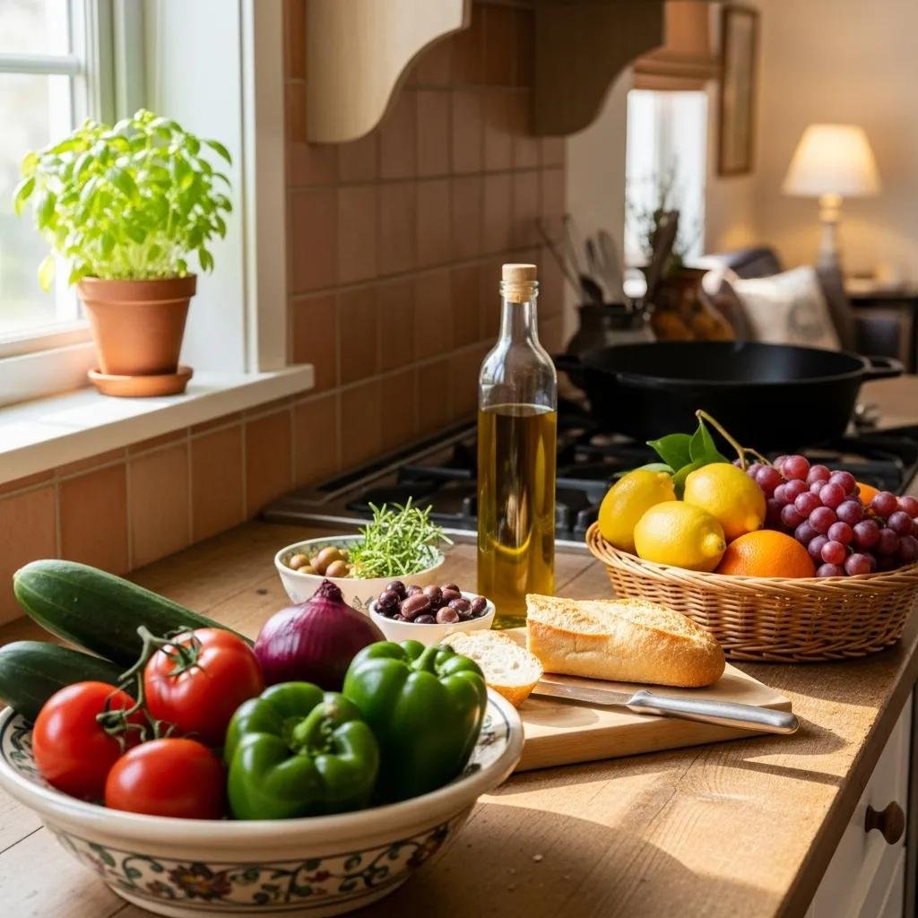 Fresh ingredients for a Mediterranean diet, promoting holistic health for psoriasis patients