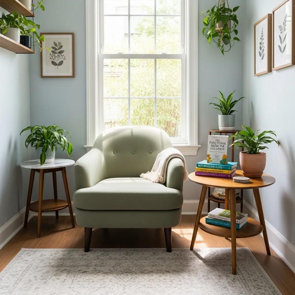 Functional medicine consultation room with calming decor and natural light