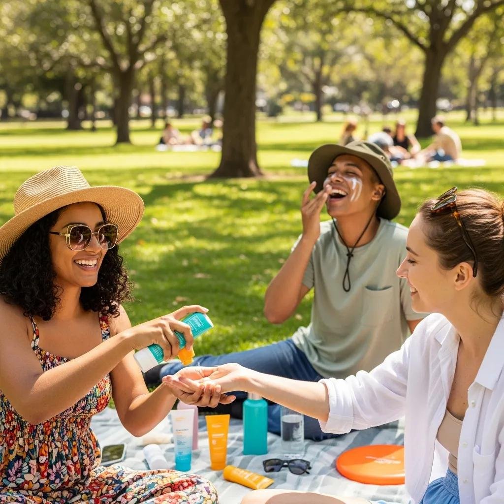 Group of diverse individuals applying sunscreen outdoors, highlighting sun protection for youthful skin