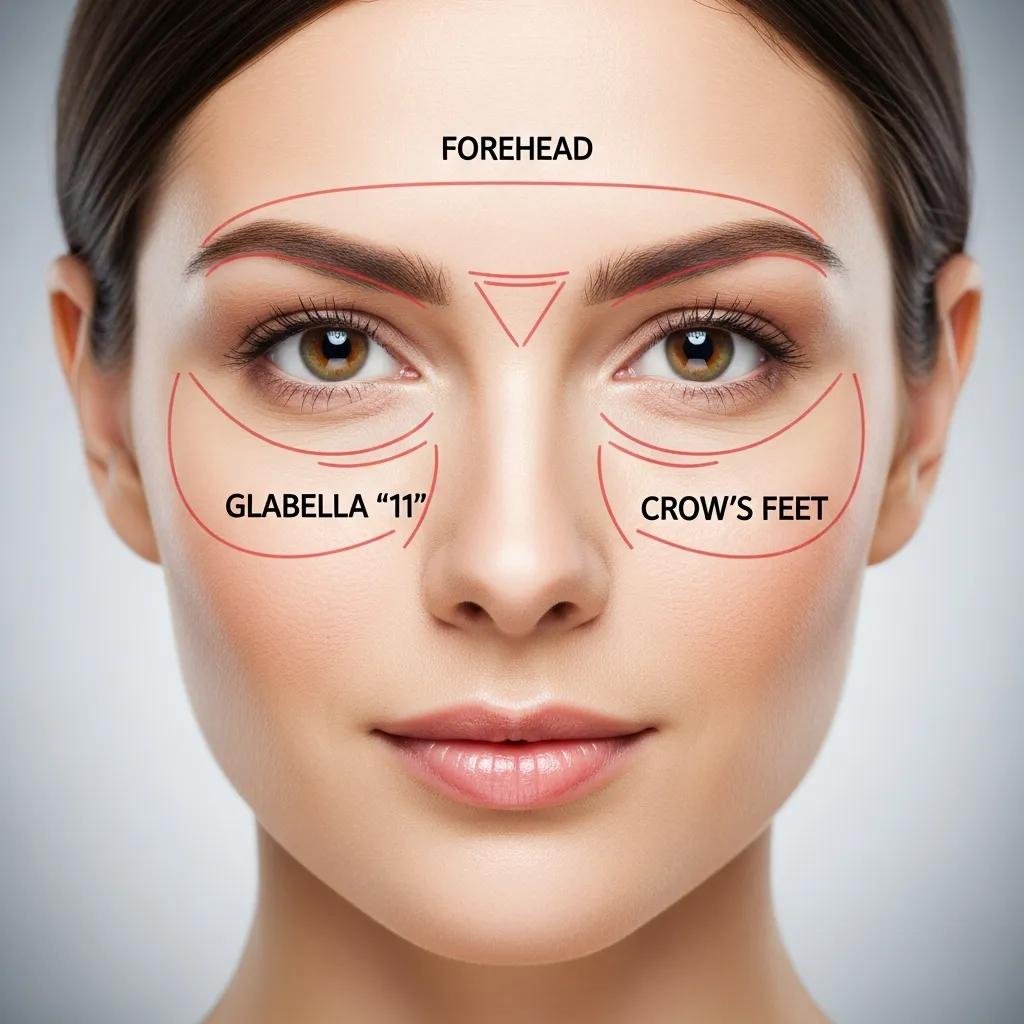 Highlighted facial areas for Botox treatment: forehead, glabella, and crow's feet, emphasizing preventative anti-aging