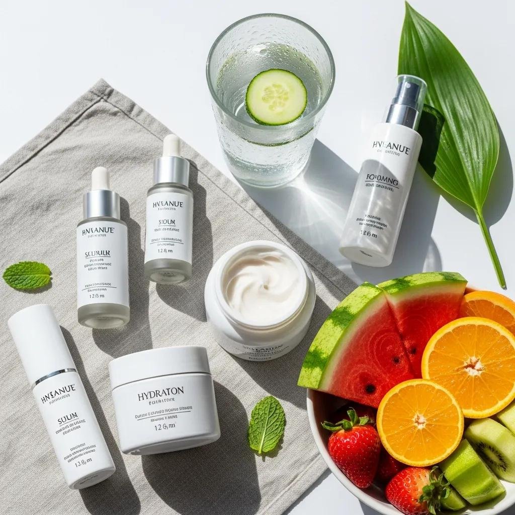 Hydrating skincare products and fresh fruits arranged to emphasize the importance of hydration for skin health