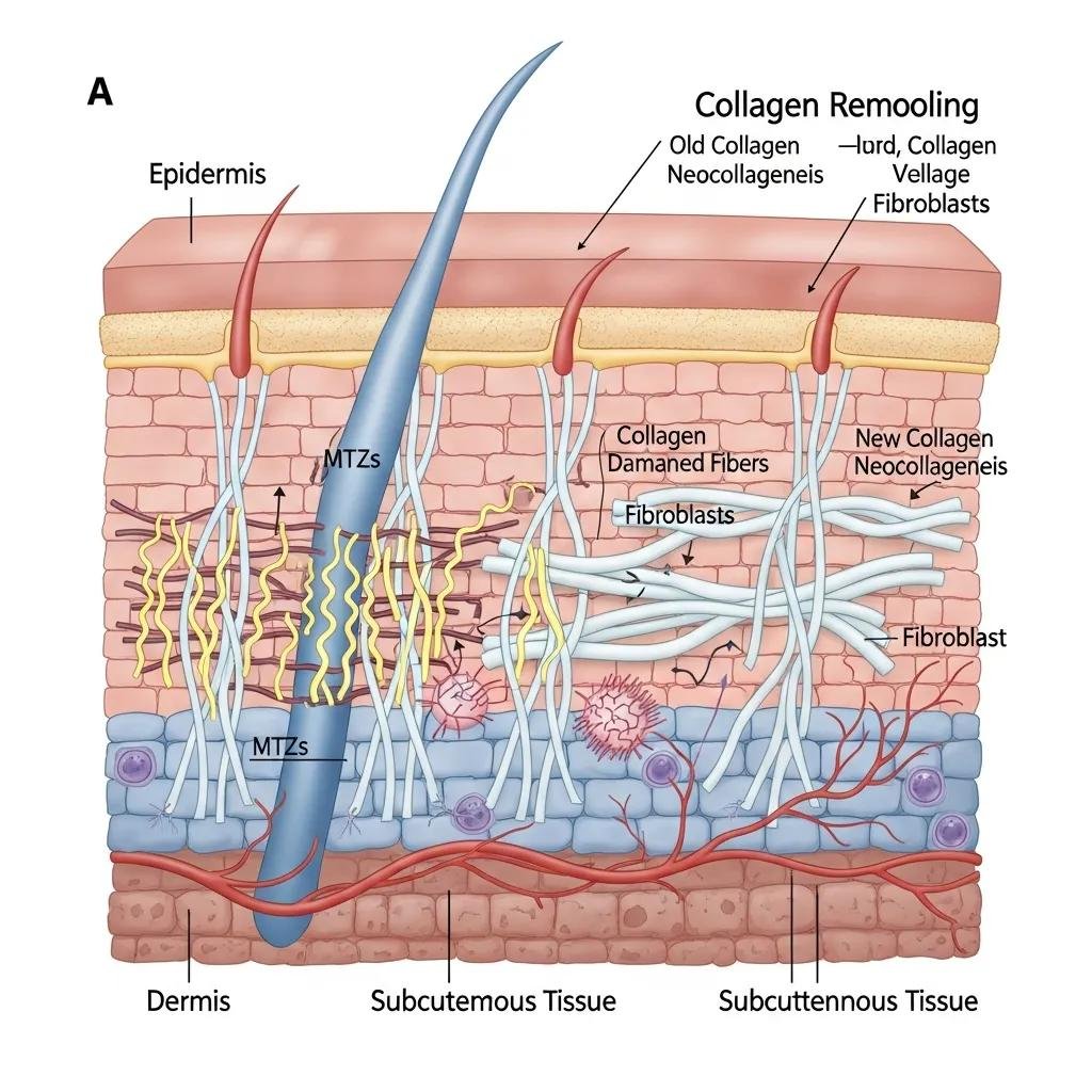 Illustration of collagen remodeling process in skin after fractional laser treatment, highlighting microscopic treatment zones (MTZs), fibroblast activation, and new collagen formation within the epidermis, dermis, and subcutaneous tissue layers.