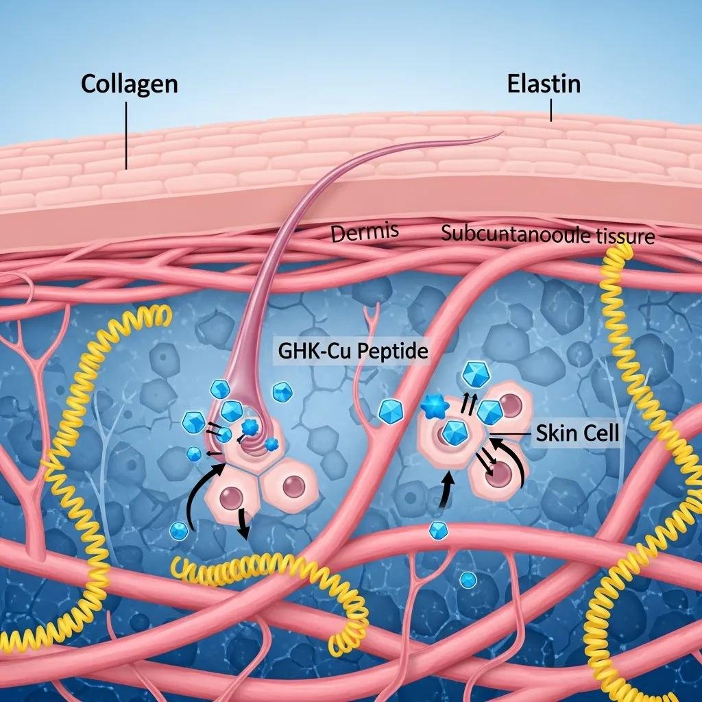 Illustration of skin layers showing collagen and elastin production stimulated by GHK-Cu peptide
