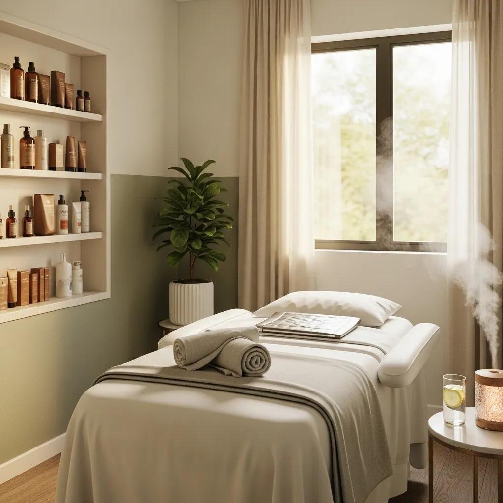Inviting med spa treatment room with calming decor and skincare products