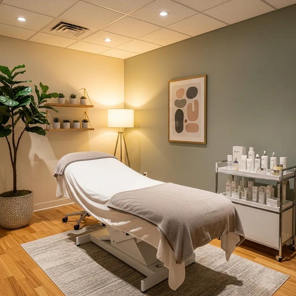 Inviting medical spa treatment room with calming decor and skincare products