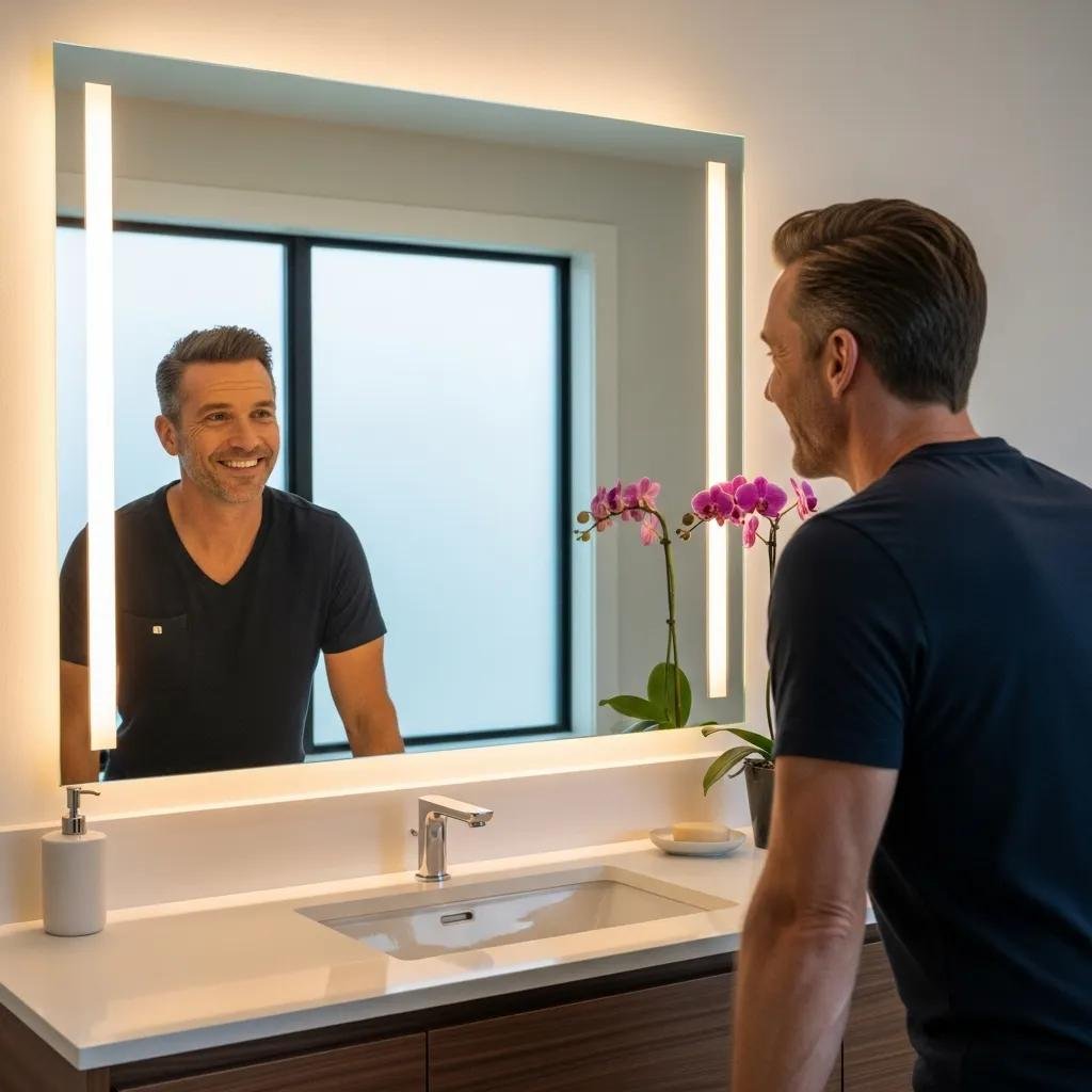 Man admiring his youthful appearance in the mirror after Brotox treatment, showcasing key benefits
