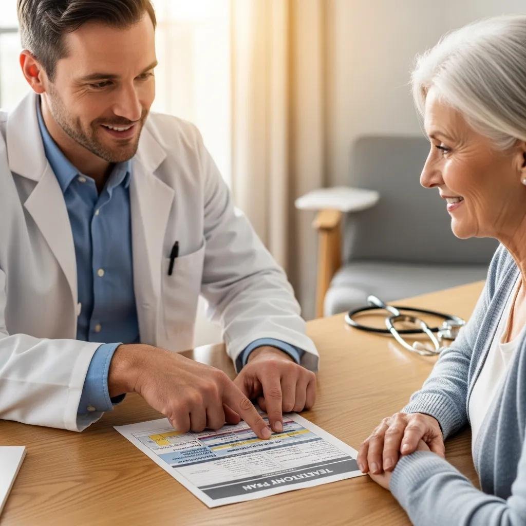 Medical professional explaining a personalized treatment plan to an elderly patient in a bright consultation room, emphasizing patient-centered care and individualized outcomes.