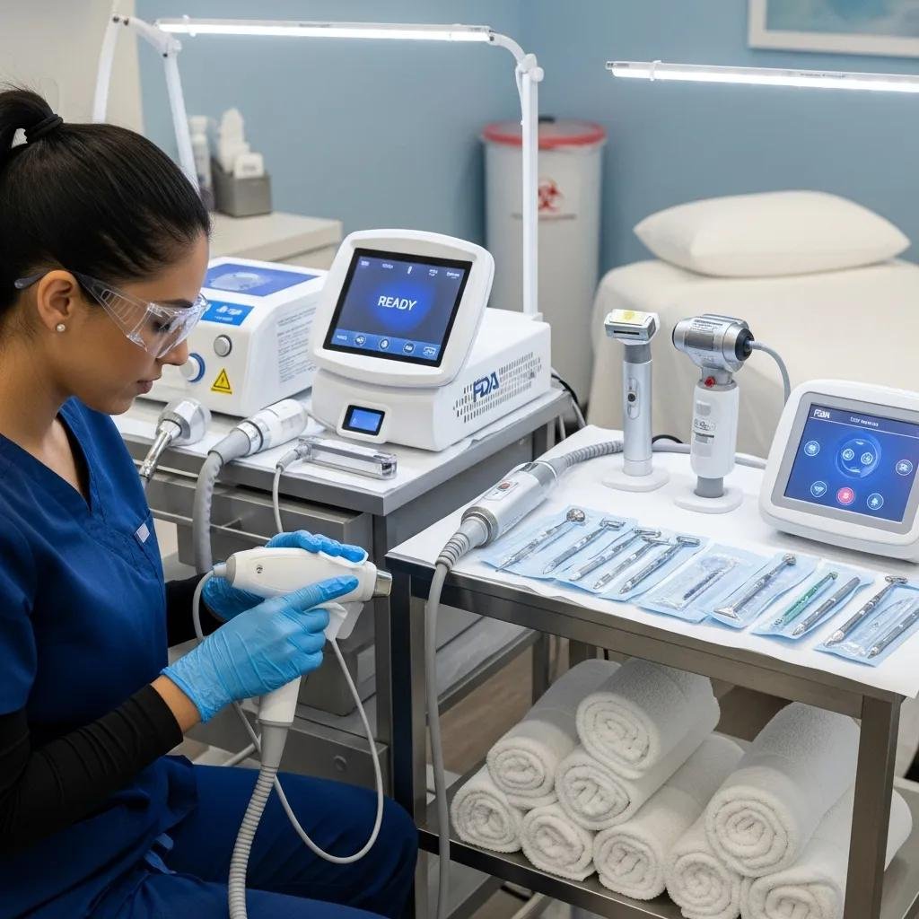 Medical technician in blue scrubs preparing FDA-approved aesthetic devices in a clean med spa environment, with sterilized instruments and towels visible.
