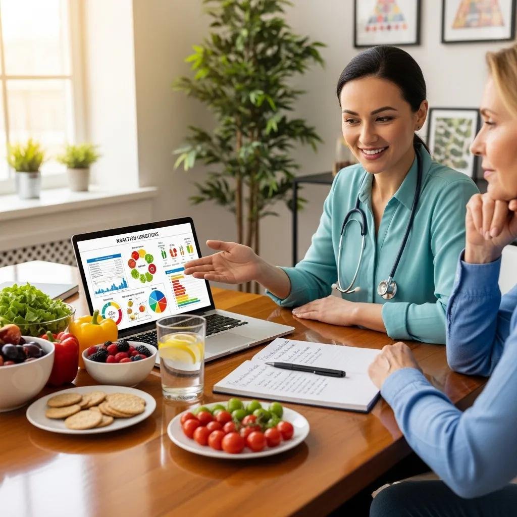 Nutritionist collaborating with a patient on a personalized health plan, discussing dietary options and health data displayed on a laptop, with healthy foods including fruits and vegetables on the table.