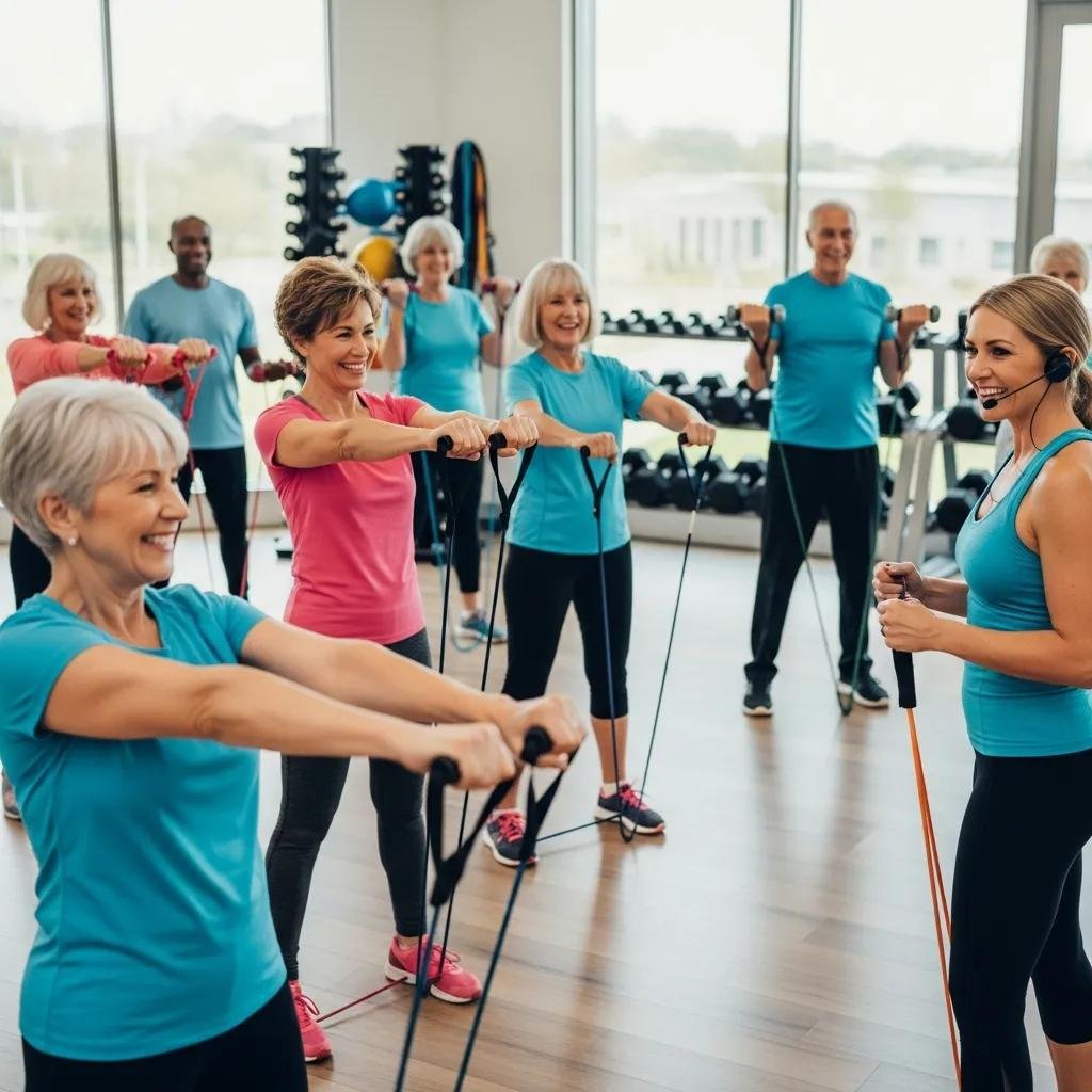 Older adults engaging in strength training exercises in a gym, promoting anti-aging and wellness