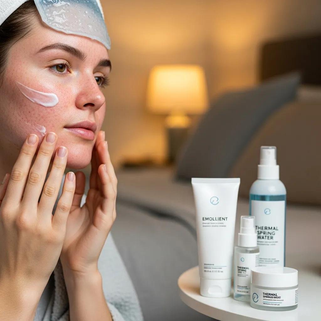 Patient applying emollient for aftercare following fractional laser treatment, featuring skincare products including emollient and thermal spring water in a cozy home setting.