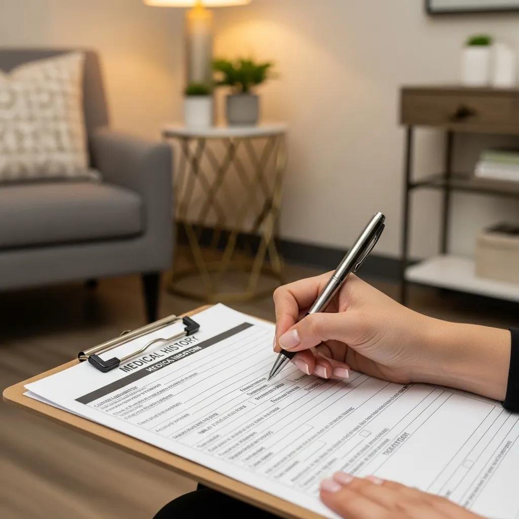 Patient completing medical history forms during med spa consultation