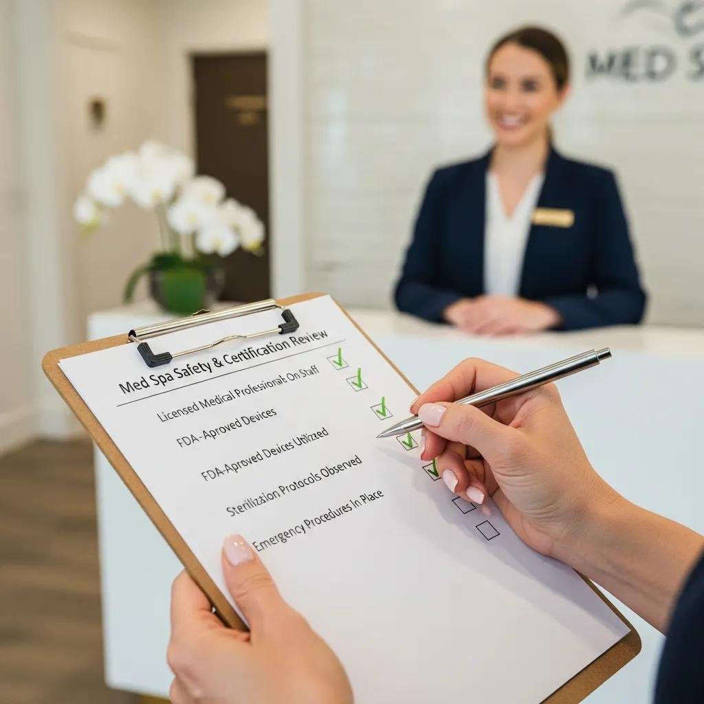 Patient reviewing checklist for verifying med spa safety and certifications