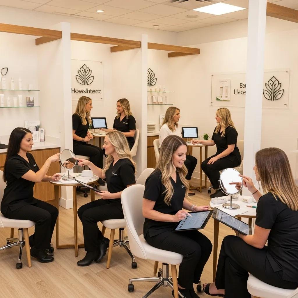 Patients receiving personalized skincare consultations in a modern clinic