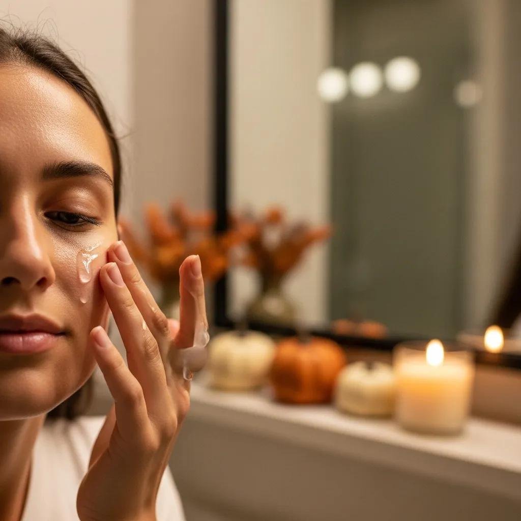 Person applying hydrating serum in a cozy bathroom setting with autumn decor, highlighting fall skincare adjustments
