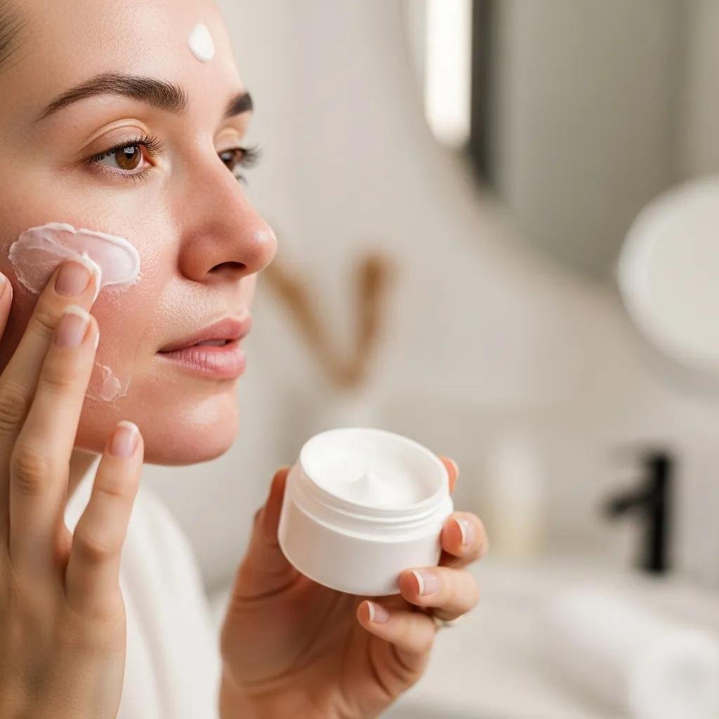Person applying emollient moisturizer to their face after a chemical peel, emphasizing post-treatment skincare and recovery.
