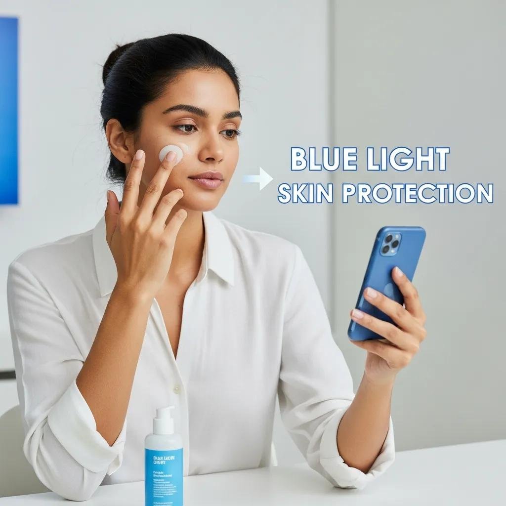 Person applying skincare while using a digital device, highlighting blue light skin protection