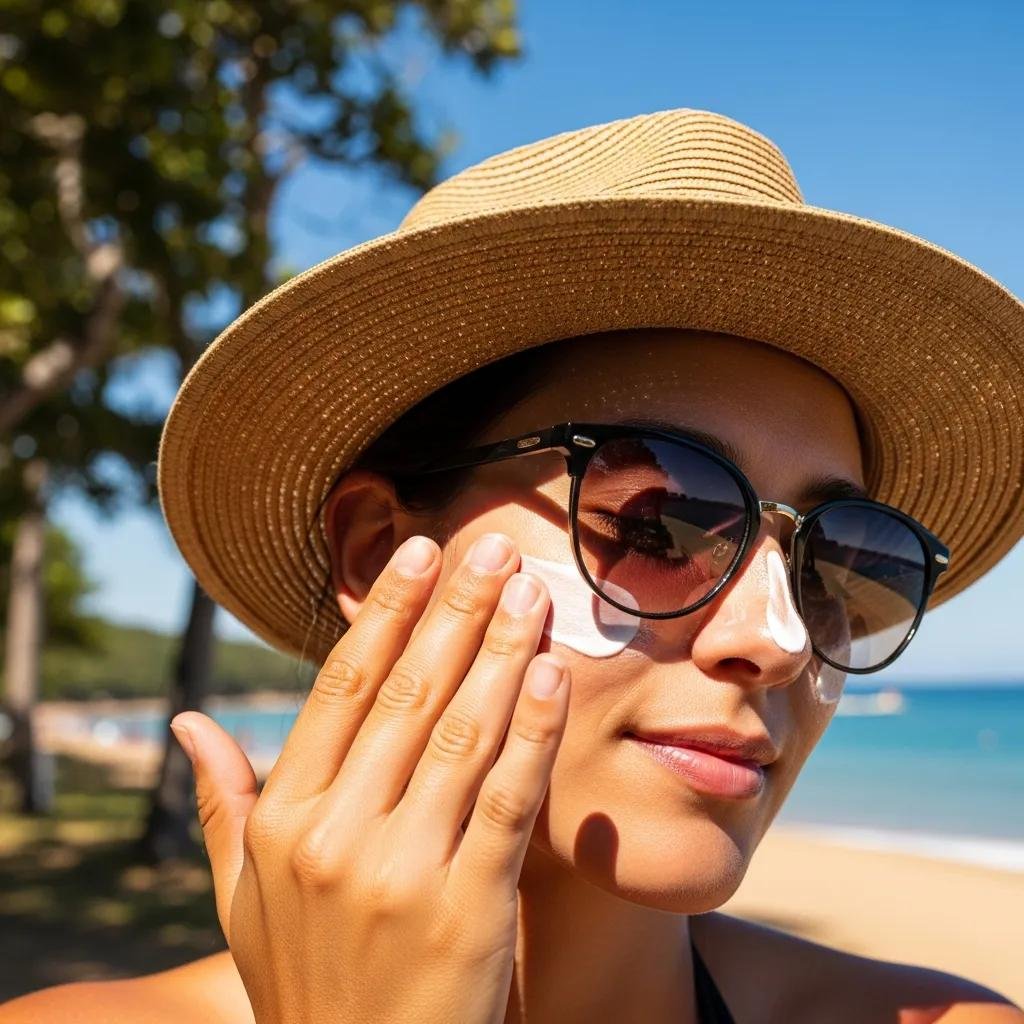 Person applying sunscreen outdoors while wearing a hat and sunglasses