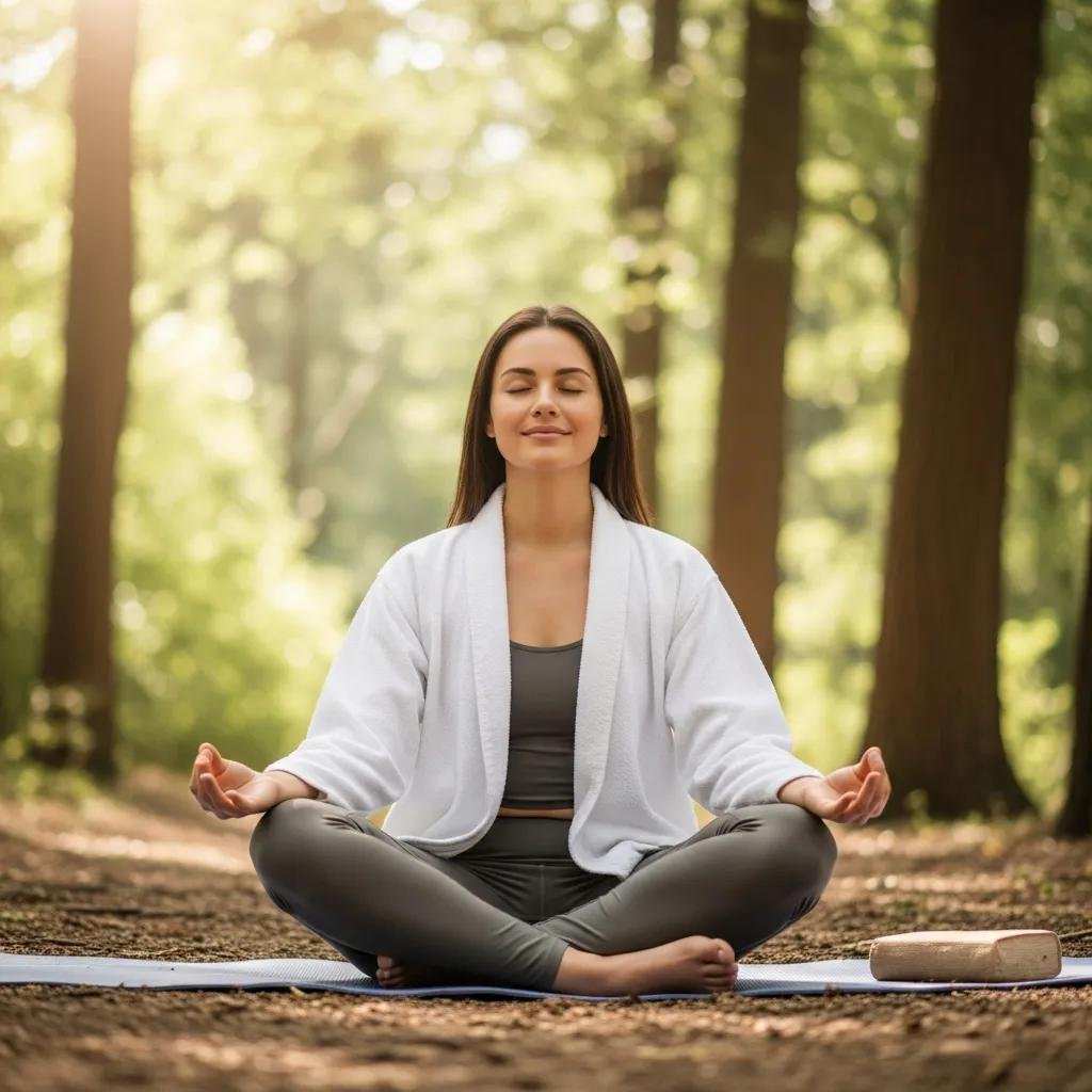 Person practicing mindfulness in nature, promoting skin health and well-being