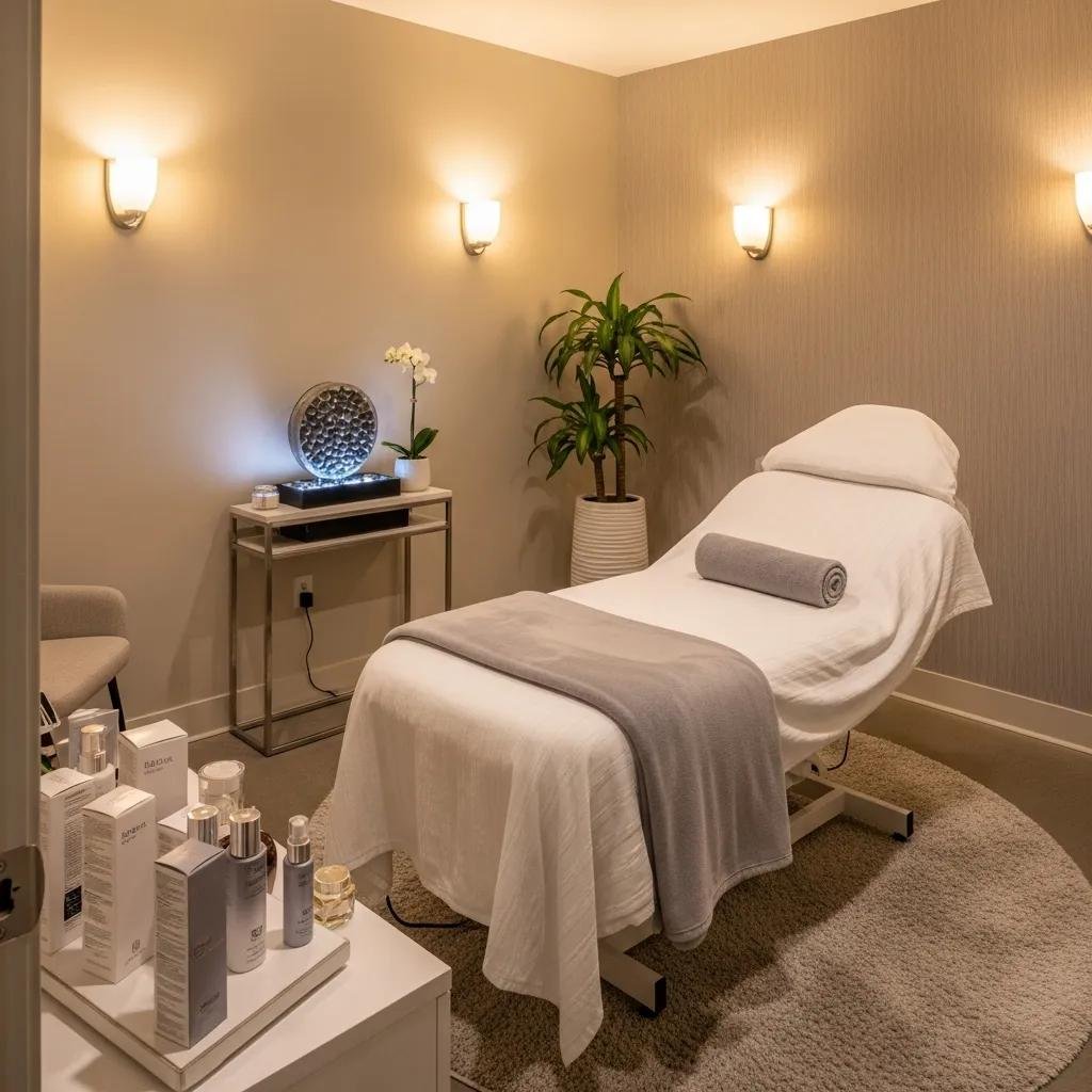 Relaxing med spa treatment room with calming decor and skincare products