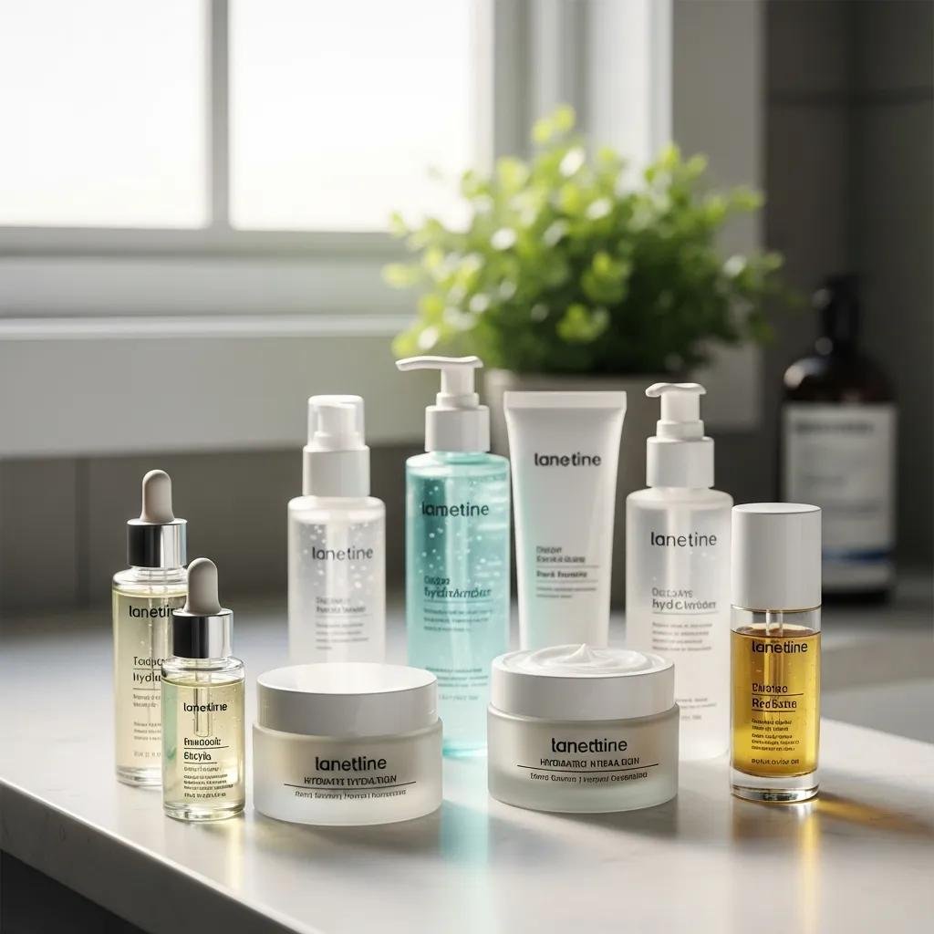 Skincare products for deep hydration on a bathroom counter, emphasizing moisture and care for dry skin