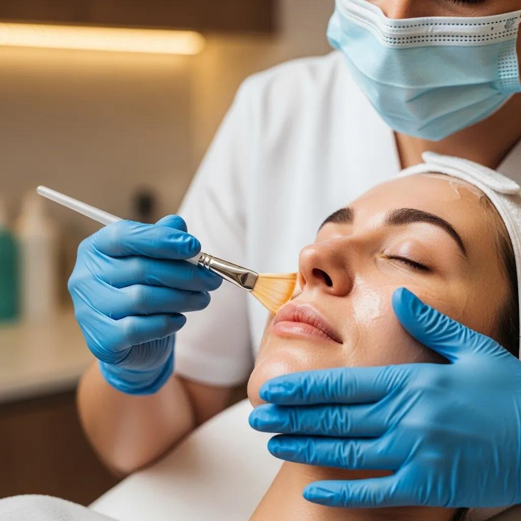 Skincare professional applying a chemical peel to a client's face in a clinical setting, showcasing a gentle treatment process for improved skin texture and tone.