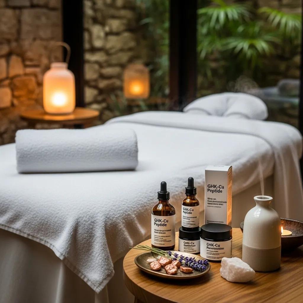 Spa environment with skincare products and treatment setup for GHK-Cu peptide therapy