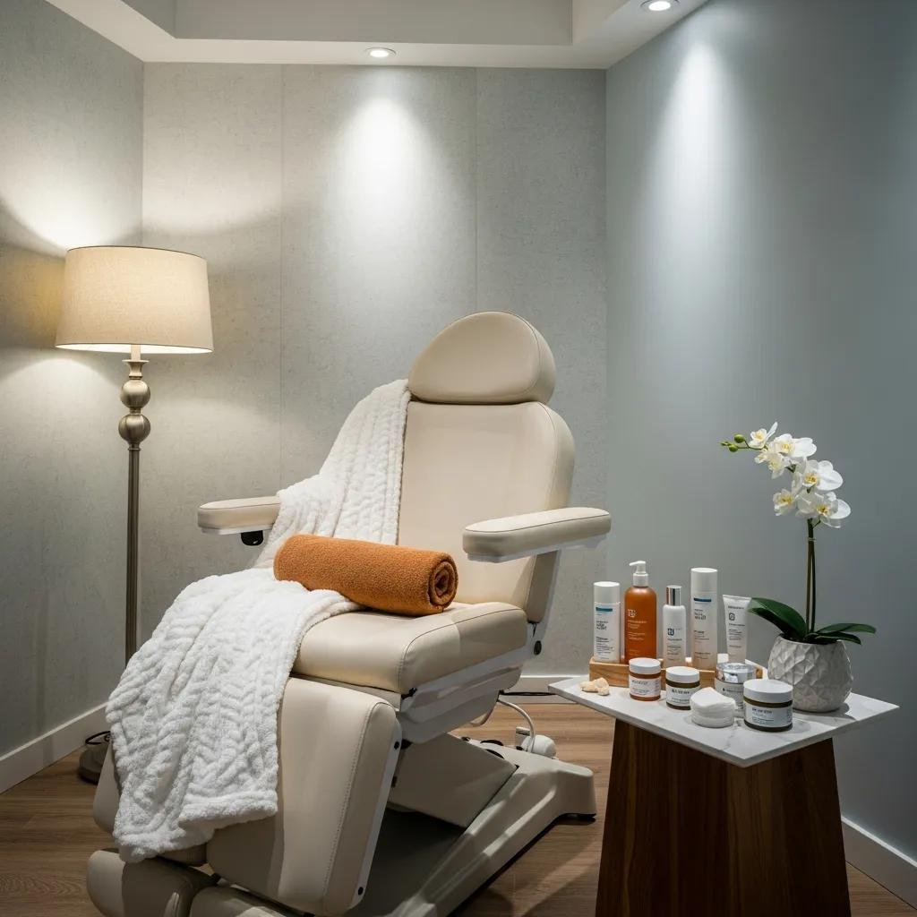 Spa treatment room at Shore MedSpa with skincare products and calming decor