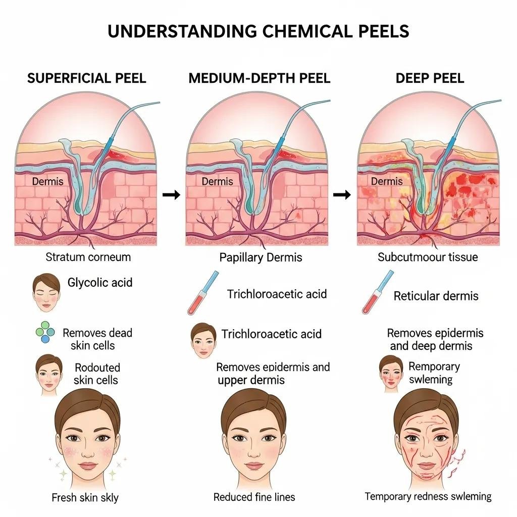 Visual representation of different types of chemical peels and their effects on skin layers