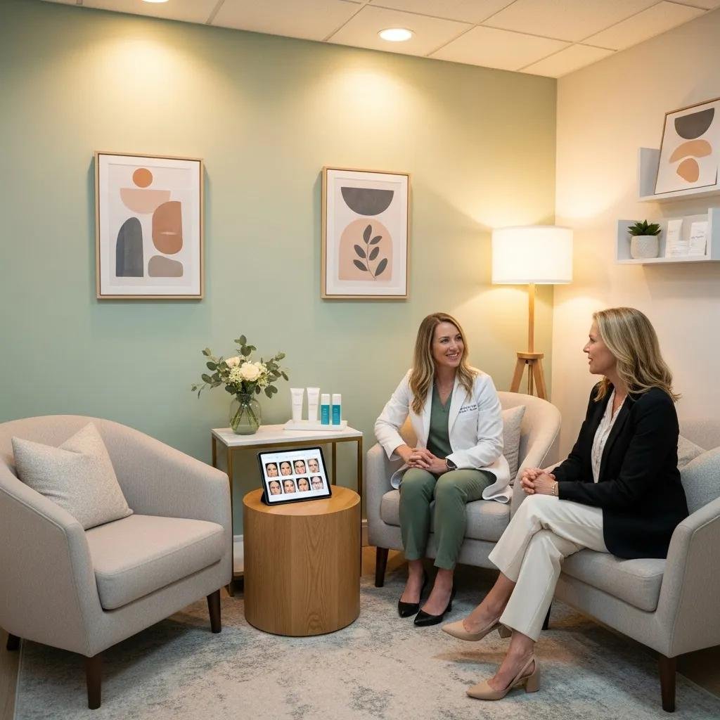 Welcoming medical spa consultation area with a board-certified dermatologist discussing personalized treatment options for skin care and melasma management with a patient.