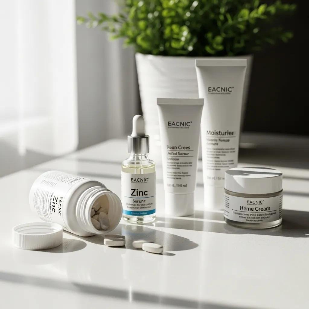 Zinc supplements and skincare products for acne treatment on a bright surface
