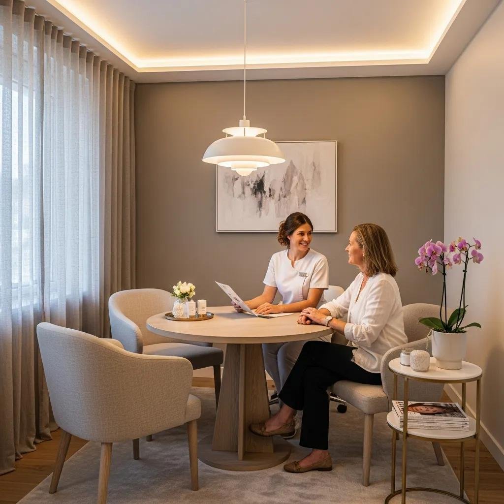 Aesthetic clinic consultation room with a patient and aesthetician discussing natural beauty treatments