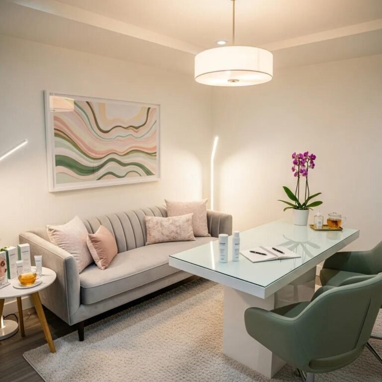 Aesthetic consultation room showcasing a serene environment with skincare products and comfortable seating