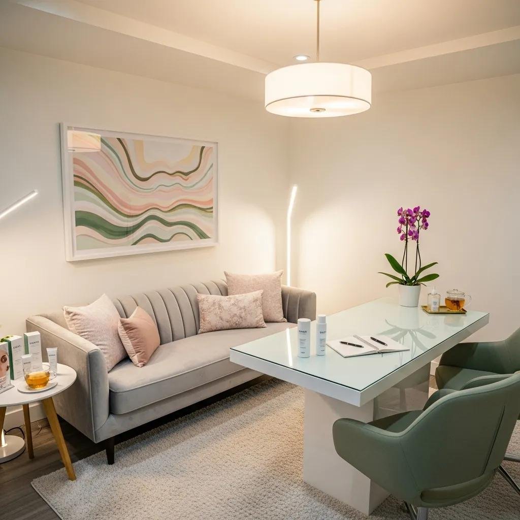 Aesthetic consultation room showcasing a serene environment with skincare products and comfortable seating