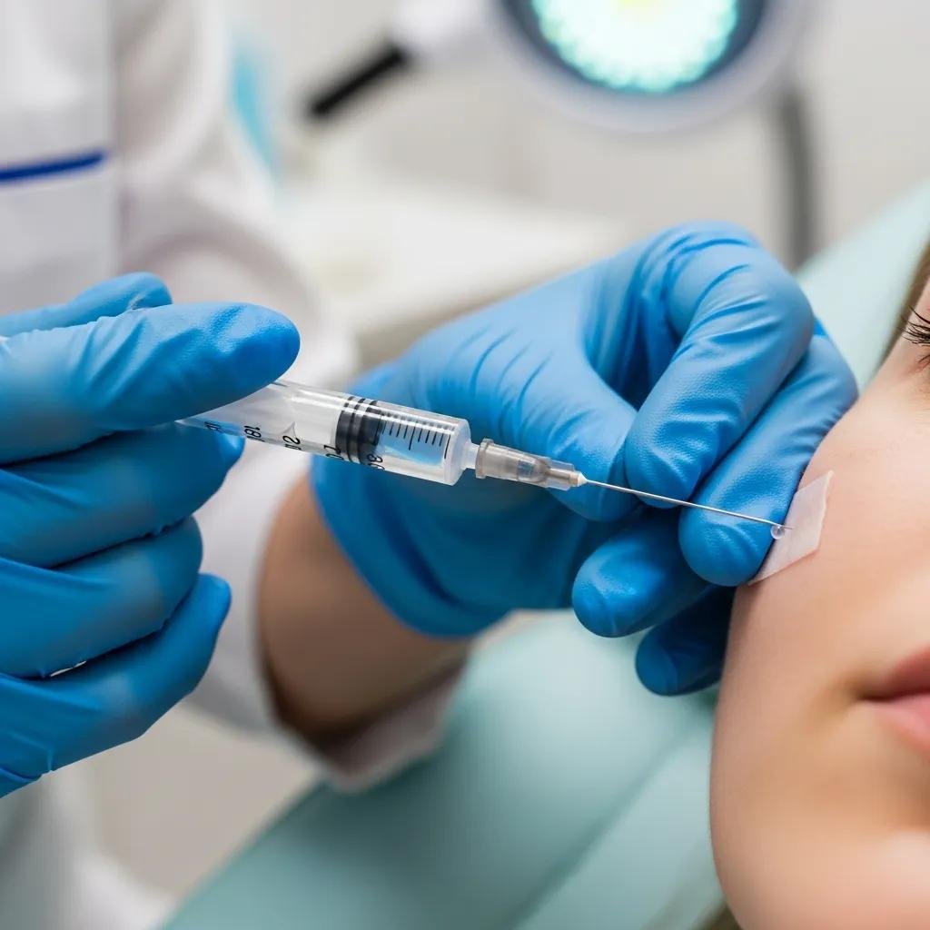 Aesthetician administering cosmetic injectables in a clinical setting